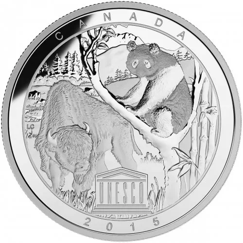 2015 Canadian $20 UNESCO at Home and Abroad - Wood Buffalo National Park and Sichuan Giant Panda Sanctuaries - 1 oz Fine Silver Coin