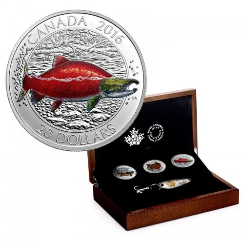 2016 Canadian $20 Big Fish Series 1 oz Silver Coloured 3-Coin Subscription Set + Lure, Collector Case