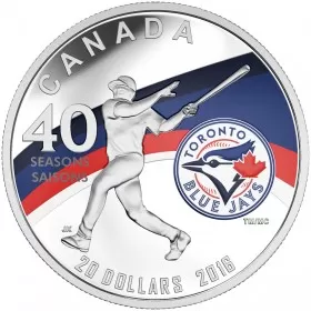 2016 Canada $20 Celebrating the 40th Baseball Season of the Toronto Blue Jays 1 oz Fine Silver Coloured Coin-coin in capsule & lightly toned & COA only