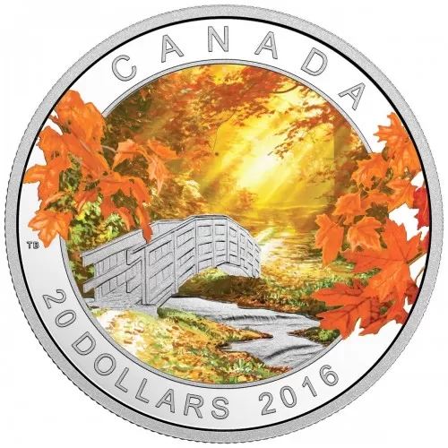 2016 Canadian $20 Autumn Tranquility 1 oz Fine Silver Coloured Coin-coin is toned & no outside box