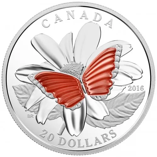 2016 Canadian $20 Colourful Wings of a Butterfly - 1 oz Fine Silver Coin (toned)
