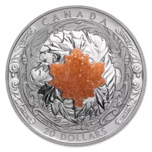 2016 Canadian $20 Majestic Maple Leaves with Drusy Stone 1 oz Fine Silver Coin 2016 Canadian $20 Majestic Maple Leaves with Drusy Stone 1 oz Fine Silver Coin