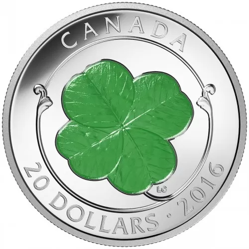 2016 Canadian $20 Lucky Four-Leaf Clover 1 oz Fine Silver with Green Enamel Coin