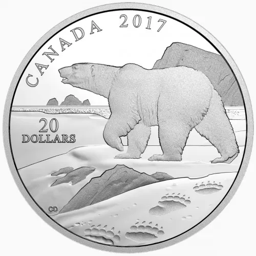 2017 Canadian $20 Nature's Impressions: Polar Bear 1 oz Fine Silver Coin - lightly tarnished
