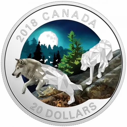 2018 Canadian $20 Geometric Fauna: Grey Wolves 1 oz Fine Silver Coin