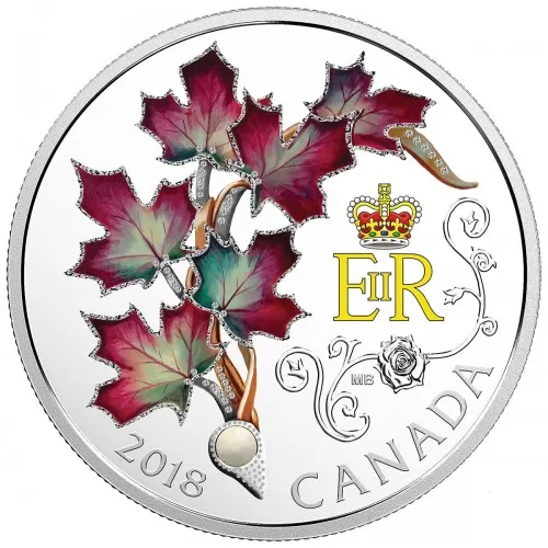 2018 Canadian $20 Her Majesty Queen Elizabeth II's Maple Leaves Brooch - 1 oz Fine Silver Coin-coin is toned on one side
