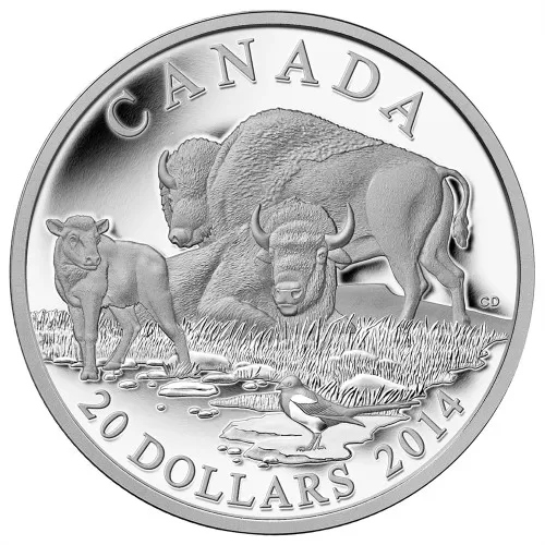 2014 Canadian $20 The Bison: A Family at Rest - 1 oz Fine Silver Coin - tarnished coin