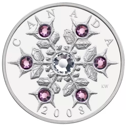 2008 Canadian $20 Amethyst Crystal Snowflake 1 oz Fine Silver Coin