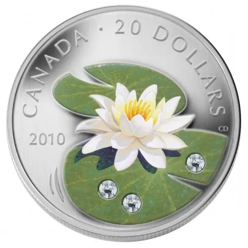 2010 Canadian $20 Water Lily Swarovski® Crystal & Fine Silver Coloured Coin-no outside box