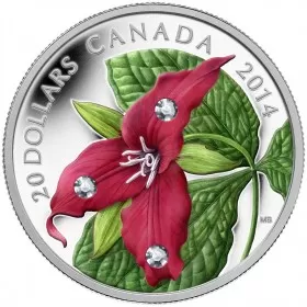 2014 Canadian $20 Red Trillium with Swarovski® Crystal Dew Drops 1 oz Fine Silver Coloured Coin