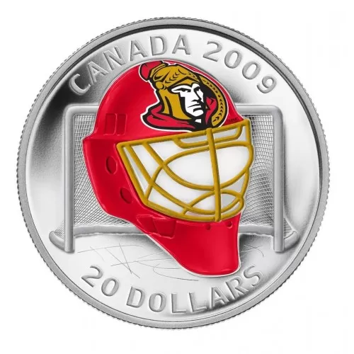 2009 Canadian $20 Ottawa Senators Goalie Mask Sterling Silver Coloured Coin (Limited Edition)