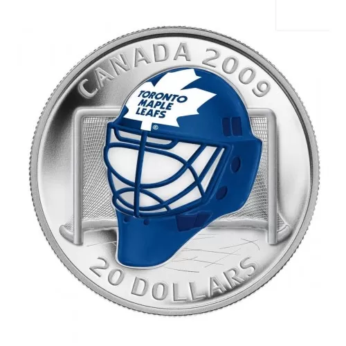2009 Canadian $20 Toronto Maple Leafs Goalie Mask Sterling Silver Coloured Coin (Limited Edition)-capsule is slightly scuffed