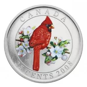 2008 Canadian 25-Cent Birds of Canada #4: Northern Cardinal Coloured Coin