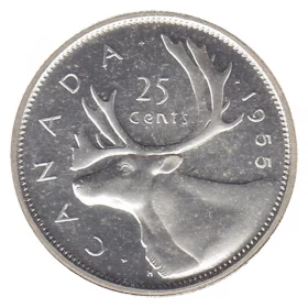 1955 Canadian 25-Cent Caribou Silver Quarter Coin (F or better)