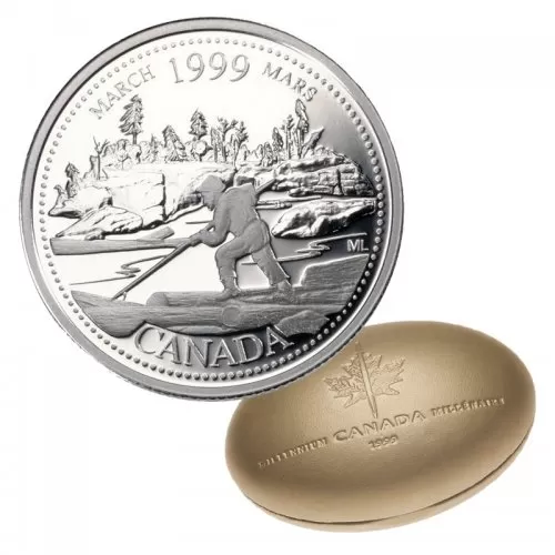 1999 Canadian 25-Cent March: The Log Drive Millennium Quarter Proof Silver Coin 