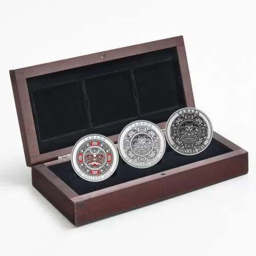 2015 Canadian $25 Singing Moon Mask - Fine Silver 3-Coin Set (Ultra-High Relief) - one coin is tarnished