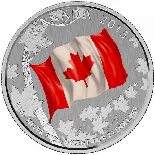 2015 Canadian $25 for $25 National Flag 50th Anniv Fine Silver Coloured Commemorative Coin