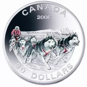 2006 Canadian $30 Dog Sled Team Proof Sterling Silver Coloured Coin