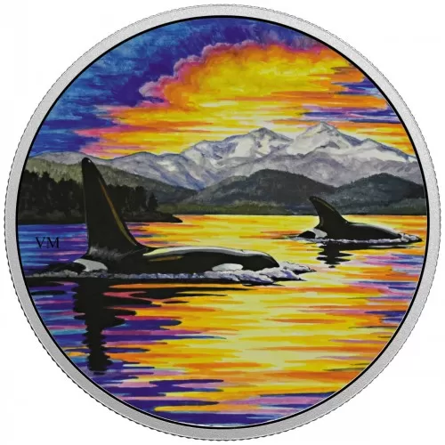 2017 Canadian $30 Animals in the Moonlight: Orcas 2 oz Fine Silver Coloured Coin (Glow-in-the-Dark)