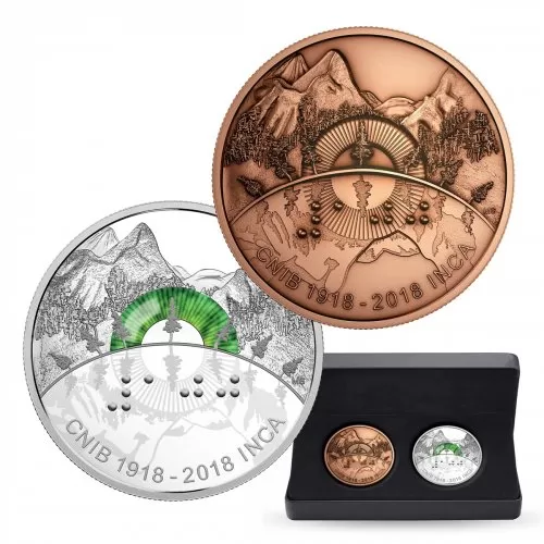 2018 (1918-) Canadian $30 Canadian National Institute of the Blind 100th Anniv 2 oz Fine Silver Coin & Bronze Medallion Set