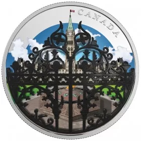 2018 Canadian $30 The Queen's Gate: Formal Entrance to Parliament Hill 2 oz Fine Silver Convex Coloured Coin-minor scratch & minor blemish on rim of coin