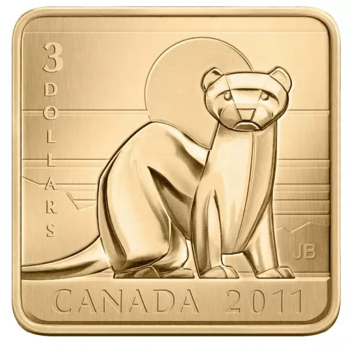 2011 Canadian $3 Wildlife Conservation Series: Black Footed Ferret Sterling Silver Gold-plated Square Coin