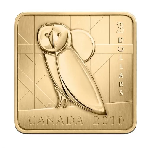 2010 Canadian $3 Wildlife Conservation Series: Barn Owl Sterling Silver Gold-plated Square Coin