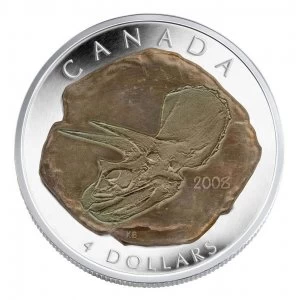 2008 Canadian $4 Fossilized Dinosaur: Triceratops Fine Silver Coin - Turnished