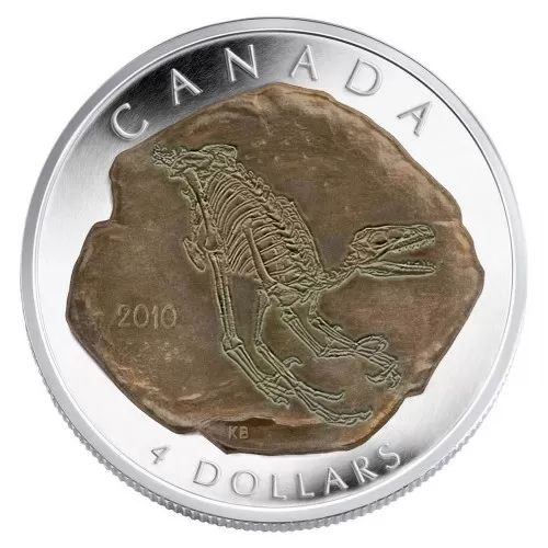 2010 Canadian $4 Fossilized Dinosaur: Raptor/Dromaeosaurus Fine Silver Coin 