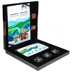 2010 Canada Vancouver Olympic Winter Games Emblems & Mascots 3-Coin, Stamps & Bronze Pin Set