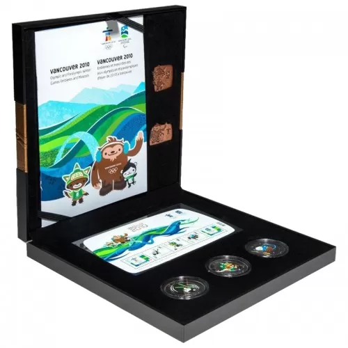 2010 Canada Vancouver Olympic Winter Games Emblems & Mascots 3-Coin, Stamps & Bronze Pin Set