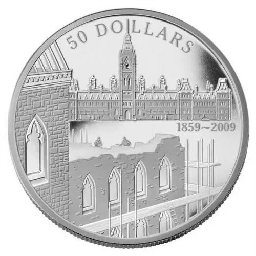 2009 (1859-) Canadian $50 Start of the Construction of the Parliament Buildings 50th Anniv 5 oz Fine Silver Coin 