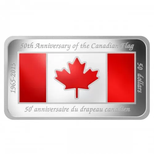 2015 Canadian $50 50th Anniversary of the Canadian Flag - 1.5 oz Fine Silver Coloured Rectangular Coin