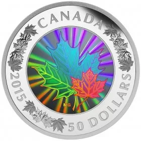 2015 Canadian $50 Lustrous Maple Leaves - 5 oz Fine Silver Hologram Coin
