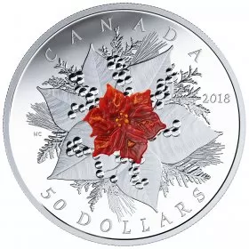 2018 Canadian $50 Holiday Splendour: Poinsettia (Murano Glass) - 5 oz Fine Silver Coin-capsule is scuffed