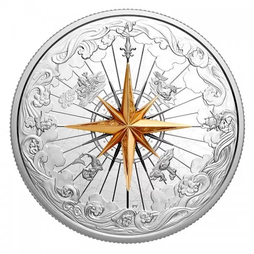 2019 Canadian $50 Rose of the Winds 5 oz Fine Silver & 3D Compass Coin