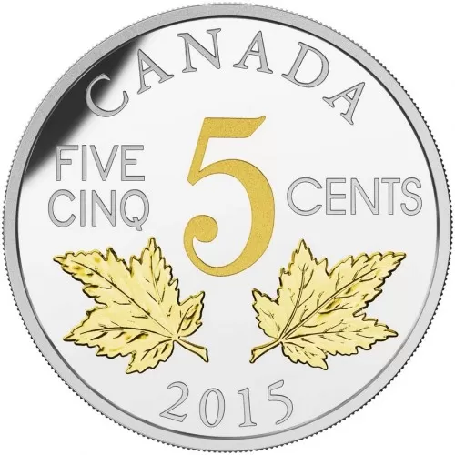 2015 Canadian 5-Cent Legacy of the Canadian Nickel: The Two Maple Leaves - 1 oz Fine Silver & Gold-plated Coin