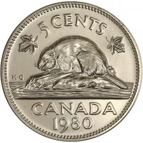 1980 Canadian 5-Cent Beaver Nickel Coin (Brilliant Uncirculated)