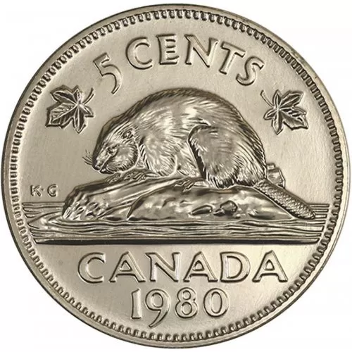 1980 Canadian 5-Cent Beaver Nickel Coin (Brilliant Uncirculated)