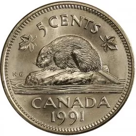 1991 Canadian 5-Cent Beaver Nickel Coin (Brilliant Uncirculated)