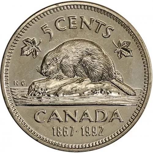 1992 (1867-) Canadian 5-Cent Beaver/Confederation 125th Anniv Nickel Coin (Brilliant Uncirculated)