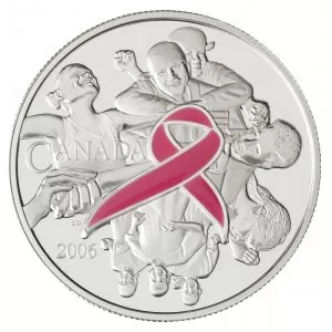 2006 Canadian $5 Pink Ribbon/Breast Cancer Awareness Enamel-Effect Silver Coin