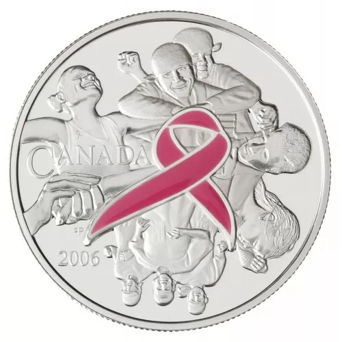 2006 Canadian $5 Pink Ribbon/Breast Cancer Awareness Enamel-Effect Silver Coin