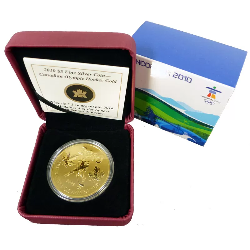 2010 Canadian $5 Vancouver Olympic Hockey Gold 1 oz Fine Silver