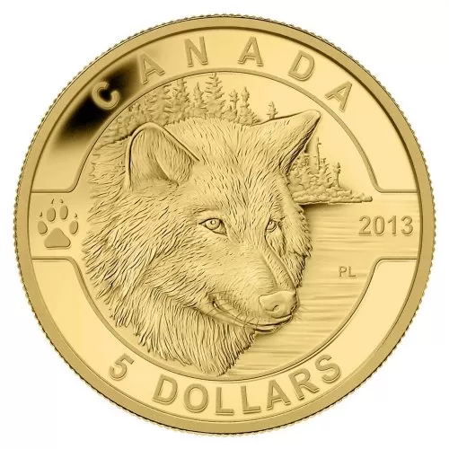 2013 Canada Pure Gold $5 Dollar Coin - O Canada Series: The Wolf