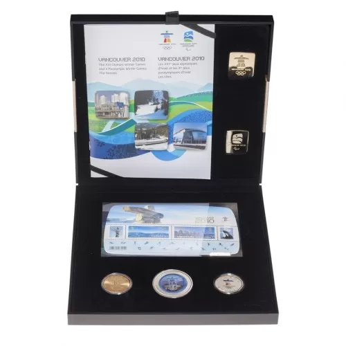 2010 Canada Vancouver Olympic Winter Games 3-Coin, Stamps & Gold Pin Set-never opened from mint