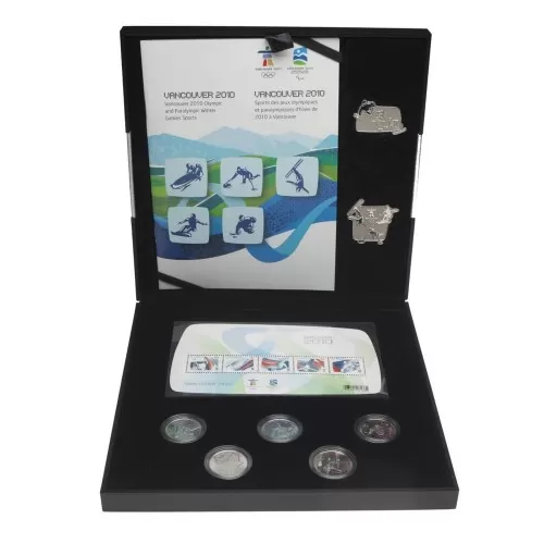 2010 Canada Vancouver Olympic Winter Games 5-Coin, Stamps & Silver Pin Set