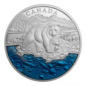 2017 Canadian $20 Iconic Canada: Grizzly Bear w/ Blue Enamel Fine Silver Coin *Masters Club Exclusive*-slightly toned
