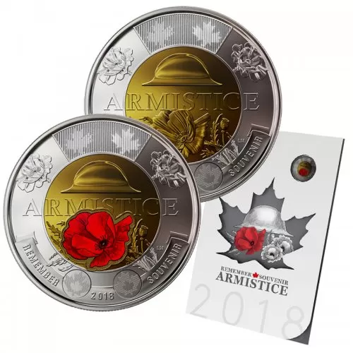 2018 Canadian Armistice 6-Coin Commemorative Collection ft $2 Coloured Poppy Toonie Coin
