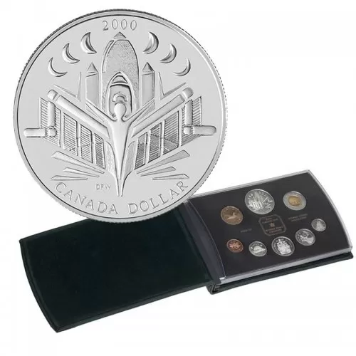 2000 Canadian 8-Coin Proof Double Dollar Set ft $1 Voyage of Discovery Silver Dollar -coins may be lightly toned